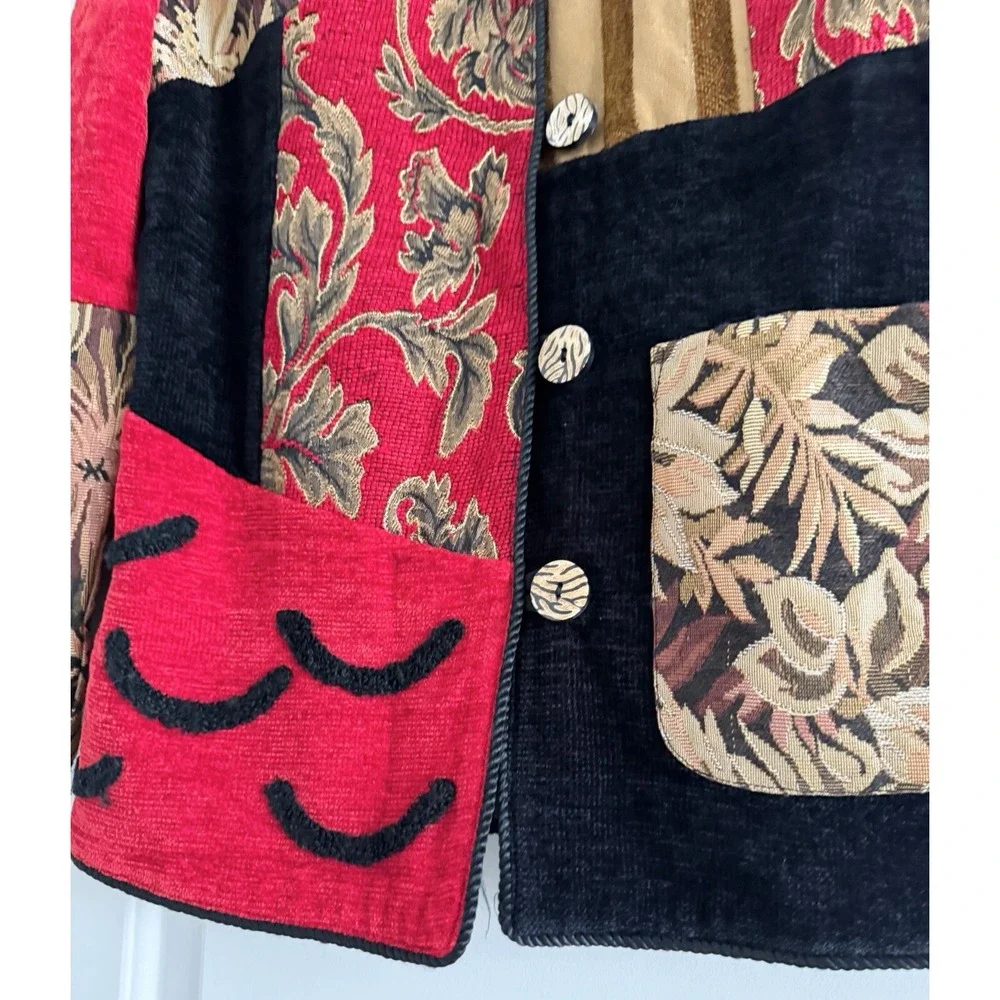 ALLURE Vtg Women Red Blk Embroidered Patchwork Button Front‎ Jacket Blazer-SMALL